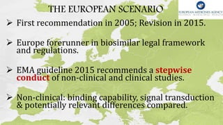 THE EUROPEAN SCENARIO
 First recommendation in 2005; Revision in 2015.
 Europe forerunner in biosimilar legal framework
and regulations.
 EMA guideline 2015 recommends a stepwise
conduct of non-clinical and clinical studies.
 Non-clinical: binding capability, signal transduction
& potentially relevant differences compared.
 