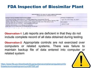 FDA Inspection of Biosimilar Plant
50
Observation-1: Lab reports are deficient in that they do not
include complete record of all data obtained during testing
Observation-2: Appropriate controls are not exercised over
computers or related systems. There was failure to
maintain backup file of data entered into computer or
related system
https://www.fda.gov/downloads/drugs/guidancecomplianceregulatoryinformation/cder
foiaelectronicreadingroom/ucm567595.pdf
 