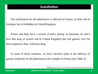 23/05/2016 14
Substitution
Source: Rapport 2012 sur les médicaments génériques- Mutualité Française
The substitution by the pharmacist is allowed in France, in Italy and in
Germany but is forbidden in United Kingdom.
France and Italy have a system of price setting, in Germany we don’t
have this king of system and in United Kingdom also but generic can’t be
more expensive than reference drug.
In some of those countries, we have incentive plan in the delivery of
generic medicines by the pharmacists for example in France (see Table 2).
GENERICS AND BIOSIMILARS – Joseph Pategou
 