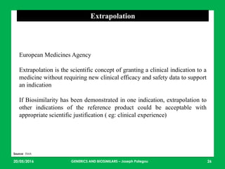 European Medicines Agency
Extrapolation is the scientific concept of granting a clinical indication to a
medicine without requiring new clinical efficacy and safety data to support
an indication
If Biosimilarity has been demonstrated in one indication, extrapolation to
other indications of the reference product could be acceptable with
appropriate scientific justification ( eg: clinical experience)
23/05/2016 26
Extrapolation
Source: EMA
GENERICS AND BIOSIMILARS – Joseph Pategou
 