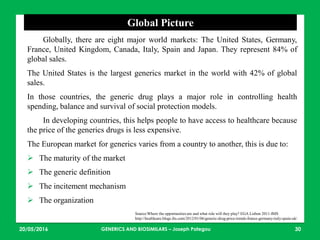 23/05/2016 30
Globally, there are eight major world markets: The United States, Germany,
France, United Kingdom, Canada, Italy, Spain and Japan. They represent 84% of
global sales.
The United States is the largest generics market in the world with 42% of global
sales.
In those countries, the generic drug plays a major role in controlling health
spending, balance and survival of social protection models.
In developing countries, this helps people to have access to healthcare because
the price of the generics drugs is less expensive.
The European market for generics varies from a country to another, this is due to:
 The maturity of the market
 The generic definition
 The incitement mechanism
 The organization
Global Picture
Source:Where the opportunities are and what role will they play? EGA Lisbon 2011-IMS
http://healthcare.blogs.ihs.com/2012/01/06/generic-drug-price-trends-france-germany-italy-spain-uk/
GENERICS AND BIOSIMILARS – Joseph Pategou
 