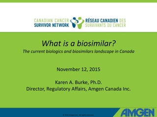What is a biosimilar?
The current biologics and biosimilars landscape in Canada
November 12, 2015
Karen A. Burke, Ph.D.
Director, Regulatory Affairs, Amgen Canada Inc.
© 2015 Amgen Inc. All rights reserved.
 