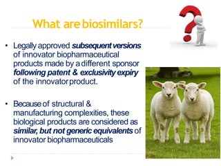 What arebiosimilars?
• Legallyapproved subsequentversions
of innovator biopharmaceutical
products made by adifferent sponsor
following patent & exclusivityexpiry
of the innovatorproduct.
• Becauseof structural &
manufacturing complexities, these
biological products are considered as
similar,but not genericequivalentsof
innovator biopharmaceuticals
 