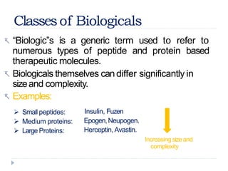 Classesof Biologicals
 “Biologic”s is a generic term used to refer to
numerous types of peptide and protein based
therapeutic molecules.
 Biologicals themselves candiffer significantly in
sizeand complexity.
 Examples:
 Small peptides:
 Medium proteins:
 Large Proteins:
Insulin, Fuzen
Epogen,Neupogen.
Herceptin, Avastin.
Increasing sizeand
complexity
 