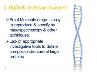 3. Difficult to definestructure
Small Molecule drugs →easy
to reproduce & specify by
massspectroscopy & other
techniques.
Lackof appropriate
investigative tools to define
composite structure of large
proteins
 