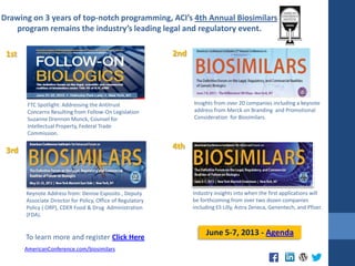 1st 2nd
3rd 4th
June 5-7, 2013 - AgendaTo learn more and register Click Here
Drawing on 3 years of top-notch programming, ACI’s 4th Annual Biosimilars
program remains the industry’s leading legal and regulatory event.
FTC Spotlight: Addressing the Antitrust
Concerns Resulting from Follow-On Legislation
Suzanne Drennon Munck, Counsel for
Intellectual Property, Federal Trade
Commission.
Insights from over 20 companies including a keynote
address from Merck on Branding and Promotional
Consideration for Biosimilars.
Industry insights into when the first applications will
be forthcoming from over two dozen companies
including Eli Lilly, Astra Zeneca, Genentech, and Pfizer.
Keynote Address from: Denise Esposito , Deputy
Associate Director for Policy, Office of Regulatory
Policy ( ORP), CDER Food & Drug Administration
(FDA).
AmericanConference.com/biosimilars
 