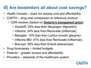 d) Are biosimilars all about cost savings?
12
• Health Canada – does not assess cost and affordability
• CADTH – drug cost comparison to reference product
• CDR reviews (based on Ontario’s transparent price)
• Grastofil: 25% less than Neupogen (filgrastim)
• Inflectra: 34% less than Remicade (infliximab)
• Basaglar: 15% less than Lantus (insulin glargine)
• Inflectra IBD: 47% less than Remicade (infliximab)
• Brenzys: 25% less than Enbrel (etanercept)
• Drug formularies – limited budgets
• Patients – greater access and affordability
• Providers – stewards of the healthcare system
 