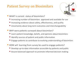 Patient	
  Survey	
  on	
  Biosimilars	
  
§ WHAT	
  is	
  current	
  	
  status	
  of	
  biosimilars?	
  
§ Increasing	
  number	
  of	
  biosimilars	
  	
  approved	
  and	
  available	
  for	
  use	
  
§ Increasing	
  evidence	
  about	
  safety,	
  eﬀec8veness,	
  and	
  quality	
  
§ Uncertainty	
  about	
  long-­‐term	
  outcomes	
  and	
  interchangeability	
  
§ WHY	
  were	
  pa8ents	
  surveyed	
  about	
  biosimilars?	
  
§ Learn	
  pa8ent	
  knowledge,	
  beliefs,	
  and	
  opinions	
  about	
  biosimilars	
  
§ Iden8fy	
  sources	
  of	
  pa8ent	
  and	
  public	
  informa8on	
  
§ Engage	
  pa8ents	
  to	
  contribute	
  to	
  evolving	
  understanding	
  of	
  biosimilars	
  
§ HOW	
  will	
  	
  learning	
  from	
  survey	
  be	
  used	
  to	
  engage	
  pa8ents?	
  
§ Develop	
  up-­‐to-­‐date	
  informa8on	
  accessible	
  by	
  pa8ents	
  and	
  public	
  
§ Assure	
  balanced	
  approach	
  to	
  promote	
  informed	
  decision	
  making	
  
 
