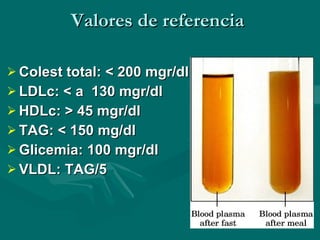 Valores de referencia  Colest total: < 200 mgr/dl LDLc: < a  130 mgr/dl HDLc: > 45 mgr/dl TAG: < 150 mg/dl Glicemia: 100 mgr/dl  VLDL: TAG/5  