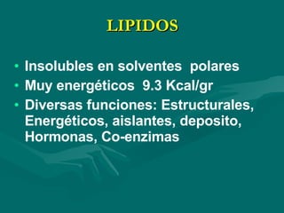 LIPIDOS Insolubles en solventes  polares Muy energéticos  9.3 Kcal/gr Diversas funciones: Estructurales, Energéticos, aislantes, deposito, Hormonas, Co-enzimas  