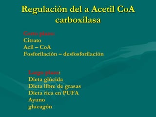 Regulación del a Acetil CoA carboxilasa Corto plazo: Citrato Acil – CoA  Fosforilación – desfosforilación  Largo plazo : Dieta glúcida Dieta libre de grasas Dieta rica en PUFA Ayuno glucagón 