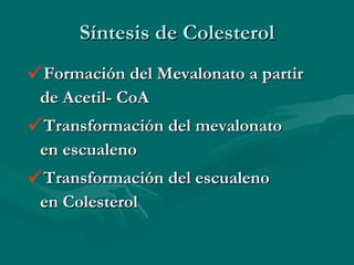 Síntesis de Colesterol Formación del Mevalonato a partir  de Acetil- CoA Transformación del mevalonato  en escualeno Transformación del escualeno  en Colesterol 