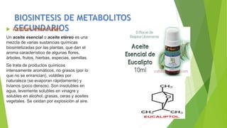  Aceites esenciales
Un aceite esencial o aceite etéreo es una
mezcla de varias sustancias químicas
biosintetizadas por las plantas, que dan el
aroma característico de algunas flores,
árboles, frutos, hierbas, especias, semillas.
Se trata de productos químicos
intensamente aromáticos, no grasos (por lo
que no se enrancian), volátiles por
naturaleza (se evaporan rápidamente) y
livianos (poco densos). Son insolubles en
agua, levemente solubles en vinagre y
solubles en alcohol, grasas, ceras y aceites
vegetales. Se oxidan por exposición al aire.
 