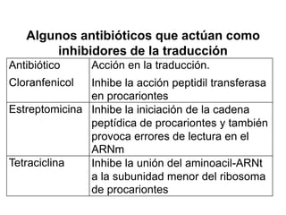 Antibiótico
Cloranfenicol
Acción en la traducción.
Inhibe la acción peptidil transferasa
en procariontes
Estreptomicina Inhibe la iniciación de la cadena
peptídica de procariontes y también
provoca errores de lectura en el
ARNm
Tetraciclina Inhibe la unión del aminoacil-ARNt
a la subunidad menor del ribosoma
de procariontes
Algunos antibióticos que actúan como
inhibidores de la traducción
 