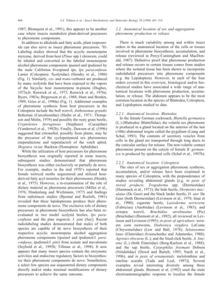 484 J.A. Tillman et al. / Insect Biochemistry and Molecular Biology 29 (1999) 481–514
1987; Blomquist et al., 1991), this appears to be another
case where insects metabolize plant-derived precursors
to pheromone components.
In addition to alkaloids and fatty acids, plant isopreno-
ids can also serve as insect pheromone precursors. 2
H-
Labeling studies showed that the acyclic monoterpene
myrcene, derived from host (Pinus spp.) oleoresin, could
be inhaled and converted to the labeled monoterpene
alcohol pheromone components ipsenol and ipsdienol by
the male California ﬁvespined ips, Ips paraconfusus
Lanier (Coleoptera: Scolytidae) (Hendry et al., 1980)
(Fig. 1). Similarly, cis- and trans-verbenol are produced
by many scolytids that have been exposed to the vapors
of the bicyclic host monoterpene α-pinene (Hughes,
1973a,b; Renwick et al., 1973; Renwick et al., 1976a;
Byers, 1983a; Birgersson et al., 1988; Hunt and Borden,
1989; Gries et al., 1990a) (Fig. 1). Additional examples
of pheromone synthesis from host precursors in the
Coleoptera include the boll weevil, Anthonomus grandis
Boheman (Curculionidae) (Hedin et al., 1971; Thomp-
son and Mitlin, 1979) and possibly the rusty grain beetle,
Cryptolestes ferrugineus (Stephens) (Cucujidae)
(Vanderwel et al., 1992b). Finally, Dawson et al. (1996)
suggested that citronellol, possibly from plants, may be
the precursor of the cyclopentanoid sex pheromones
(nepetalactone and nepetalactol) of the vetch aphid,
Megoura viciae Buckton (Homoptera: Aphididae).
While the utilization of host precursors for pheromone
biosynthesis was originally reported in some insects,
subsequent studies demonstrated that pheromone
biosynthesis was either exclusively or partially de novo.
For example, studies in the mid 1970’s reported that
female tortricid moths sequestered and utilized host-
derived fatty acyl moieties for their pheromones (Hendry
et al., 1975). However, a re-examination of the role of
dietary material as pheromone precursors (Miller et al.,
1976; Hindenlang and Wichmann, 1977) and ﬁndings
from radiotracer studies (Bjostad and Roelofs, 1981)
revealed that these lepidopterans produce their phero-
mone components de novo. The exclusive role of dietary
precursors in pheromone biosynthesis has also been re-
evaluated in two model scolytid beetles, Ips para-
confusus and the pine engraver, I. pini (Say). Recent
radiolabeling studies demonstrated that males of both
species are capable of de novo biosynthesis of their
respective acyclic monoterpene alcohol aggregation
pheromone components (ipsenol and ipsdienol/I. para-
confusus; ipsdienol/I. pini) from acetate and mevalonate
(Seybold et al., 1995b; Tillman et al., 1998). It now
appears that many insect species contain the enzymatic
activities and endocrine regulatory factors to biosynthes-
ize their pheromone components de novo. Nonetheless,
a select few species use sequestered dietary components
directly and/or make minimal modiﬁcations of dietary
precursors to achieve the same outcome.
2.2. Anatomical location of sex and aggregation
pheromone production or release
There is much variability among and within insect
orders in the anatomical location of the cells or tissues
involved in pheromone biosynthesis, accumulation, and
release (reviewed in Percy-Cunningham and MacDon-
ald, 1987). Deﬁnitive proof that pheromone production
and release occurs in certain tissues comes from studies
where the isolated tissue has been shown to incorporate
radiolabeled precursors into pheromone components
(e.g. the Lepidoptera). However, in each of the four
orders covered in this overview, histological and/or bio-
chemical studies have associated a wide range of ana-
tomical locations with pheromone production, accumu-
lation, or release. The abdomen appears to be the most
common location in the species of Blattodea, Coleoptera,
and Lepidoptera studied to date.
2.2.1. Anatomical location: Blattodea
In the female German cockroach, Blattella germanica
(L.) (Blattodea: Blattellidae), the volatile sex pheromone
is produced in a gland located on the anterior of the last
(10th) abdominal tergite called the pygidium (Liang and
Schal, 1993). The contents of secretory vesicles from
cells in the gland are transported through long ducts to
the cuticular surface for release. The non-volatile contact
pheromone present on the cuticle of female B. german-
ica is produced by epidermal cells (Schal et al., 1997b).
2.2.2. Anatomical location: Coleoptera
The sites of sex or aggregation pheromone synthesis,
accumulation, and/or release have been examined in
many species of Coleoptera, with the preponderance of
studies revealing abdominal glands [e.g. in pests of
stored products: Trogoderma spp. (Dermestidae)
(Hammack et al., 1973); the hide beetle, Dermestes mac-
ulatus (De Geer) and the black larder beetle, D. ater De
Geer (both Dermestidae) (Levinson et al., 1978; Imai et
al., 1990); cigarette beetle, Lasioderma serricorne
(Fabricius) (Anobiidae) (Levinson et al., 1983); and
cowpea weevil, Bruchidius atrolineatus (Pic)
(Bruchidae) (Biemont et al., 1992); all reviewed in Lev-
inson and Levinson (1995); in pests of agriculture: west-
ern corn rootworm, Diabrotica virgifera LeConte
(Chrysomelidae) (Lew and Ball, 1978); Selatosomus
latus (Elateridae) (Ivastschenko and Adamenko, 1980);
Agriotes obscurus (L.), and the lined click beetle, A. line-
atus (L.) (both Elateridae) (Borg-Karlson et al., 1988);
and the sap beetle, Carpophilus freemani Dobson
(Nitidulidae) (Dowd and Bartelt, 1993; Nardi et al.,
1996); and in pests of ornamentals: melolonthine and
ruteline scarabs (Tada and Leal, 1997)]. Several
examples reveal interesting diversity among these
abdominal glands. Biemont et al. (1992) used the male
electroantennographic response to localize the female
 