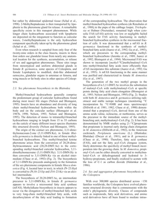 486 J.A. Tillman et al. / Insect Biochemistry and Molecular Biology 29 (1999) 481–514
but rather by abdominal epidermal tissue (Schal et al.,
1998). 2-Methylheptadecane is then transported by lipo-
phorin to the pheromone gland for release. A remarkable
speciﬁcity exists in this transport phenomenon. While
longer chain hydrocarbons associated with lipophorin
are deposited on the integument to function as cuticular
waxes, 2-methylheptadecane is the only hydrocarbon
component speciﬁcally taken up by the pheromone gland
(Schal et al., 1998).
Even when research is sampled from only four of the
twenty-nine orders in the class Insecta, insects in these
four orders use glandular tissue from nearly any anatom-
ical location for the synthesis, accumulation, or release
of sex and aggregation pheromones. These sites range
from stereotypical and uniform abdominal glands in
female B. germanica, some species of Coleoptera, and
female Lepidoptera to modiﬁed, disk-like abdominal
oenocytes, glandular organs in antennae or femora, and
wing muscle or fat body sites in other species of Coleop-
tera.
2.3. Sex pheromone biosynthesis in the Blattodea
Methyl-branched hydrocarbons generally comprise
the predominant group of cuticular hydrocarbons found
during most insect life stages (Nelson and Blomquist,
1995). Insects have an abundance and diversity of long
chain methyl-branched hydrocarbons both within the
body and on the cuticular surface (Blomquist et al.
1987b, 1998; Nelson, 1993; Nelson and Blomquist,
1995). The detection of mono- to tetramethyl-branched
hydrocarbons ranging in length from 15 to 55 carbons
on the cuticle of many different insect species illustrates
this structural diversity (Nelson and Blomquist, 1995).
The origin of the contact sex pheromone, 3,11-dime-
thylnonacosan-2-one (3,11-DMN:Ke), in female Blat-
tella germanica is directly linked to one of these methyl-
branched hydrocarbons. This methyl-branched ketone
pheromone arises from the conversion of 20,28-dime-
thyltriacontanoic acid (20,28-DMT:Ac) to the corre-
sponding methyl-branched cuticular hydrocarbon, 3,11-
dimethylnonacosane (3,11-DMN:Hy). 3,11-DMN:Hy is
then converted to 3,11-DMN:Ke via an alcohol inter-
mediate (Chase et al., 1992) (Fig. 2). The biosynthesis
of 3,11-DMN:Ke proceeds analogously to the formation
of the sex pheromone components in female Musca dom-
estica (Fig. 4, located later in text), in which Z9–23:Hyd
is converted to Z9,10–23:Ep and Z14–23:Ke via an alco-
hol intermediate.
The biosynthesis of 20,28-DMT:Ac, an intermediate
precursor to 3,11-DMN:Ke, in female B. germanica
appears to involve a microsomal fatty acid synthase
(mFAS). Methylalkane biosynthesis in insects appears to
occur via the elongation of methyl-branched fatty acids
to very long-chain methyl-branched fatty acids, with
decarboxylation of the fatty acid leading to formation
of the corresponding hydrocarbon. The observation that
methyl-branched hydrocarbon synthesis (de Renobales et
al., 1988) in the pupa of the cabbage looper, Trichoplu-
sia ni Hu
¨
bner (Noctuidae), remained high when cyto-
solic FAS (cFAS) activity was low or negligible fueled
the search for FAS activity functioning in methyl-
branched hydrocarbon synthesis in the microsomal frac-
tion of cells. It was demonstrated that a mFAS in B.
germanica functioned in the synthesis of methyl-
branched fatty acids (Juarez et al., 1992; Gu et al., 1993),
which are precursors to the corresponding methyl-
branched hydrocarbons (Jurenka et al., 1989; Juarez et
al., 1992; Blomquist et al., 1994). Microsomal FAS was
shown to incorporate [methyl-14
C]methylmalonyl–CoA
into methyl-branched fatty acids more efﬁciently than
cFAS incorporates this substrate (Juarez et al., 1992; Gu
et al., 1993). A mFAS functioning in the same manner
was puriﬁed and characterized in female M. domestica
(Gu et al., 1997).
The generation of the two methyl groups in the
biosynthesis of n-3,11-DMT:Ac involves the substitution
of malonyl–CoA with methylmalonyl–CoA at speciﬁc
points during fatty acid chain elongation (Blomquist et
al., 1993; Nelson and Blomquist, 1995) (Fig. 2). Studies
with both M. domestica and B. germanica utilizing radi-
otracer and stable isotope techniques (monitoring 13
C
incorporation by 13
C-NMR and mass spectroscopy)
(Dillwith et al. 1981, 1982; Chase et al., 1990) demon-
strated that a propionyl–CoA, derived from one of the
amino acids valine, isoleucine, or methionine, serves as
the precursor to the immediate source of the methyl-
branching unit, methylmalonyl–CoA (Fig. 2). It has been
demonstrated by NMR studies using [1-13
C]propionate
that propionate is inserted early during chain elongation
in M. domestica (Dillwith et al., 1982), in the American
cockroach, Periplaneta americana (L.) (Blattodea:
Blattidae) (Dwyer et al., 1981), and in B. germanica
(Chase et al., 1990). Therefore, fatty acid synthase
(FAS), and not the fatty acyl–CoA elongase system,
likely determines the speciﬁcity of methyl branch incor-
poration into the growing chain. In M. domestica, propi-
onyl–CoA can be either directly converted to methylma-
lonyl–CoA or dehydrogenated and hydrated to 3-
hydroxy-propionate, and ﬁnally oxidized to acetate with
the loss of C-1 as carbon dioxide (Halarnkar et al.,
1986).
2.4. Sex and aggregation pheromone biosynthesis in
the Coleoptera
With over 300,000 species distributed across ෂ150
families worldwide, the Coleoptera have evolved phero-
mone structural diversity that is commensurate with the
order’s phylogenetic diversity. Classes of compounds
such as isoprenoids, fatty acid derivatives, and amino
acid derivatives have all been found to mediate intras-
 