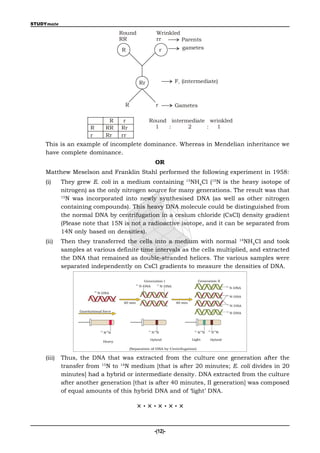 STUDYmate

                                Round          Wrinkled
                                RR             rr       Parents
                                 R                 r     gametes




                                        Rr             F1 (intermediate)



                                  R            r       Gametes

                            R     r          Round intermediate wrinkled
                      R    RR    Rr            1   :     2     :  1
                      r    Rr    rr
    This is an example of incomplete dominance. Whereas in Mendelian inheritance we
    have complete dominance.
                                               OR
    Matthew Meselson and Franklin Stahl performed the following experiment in 1958:
    (i)     They grew E. coli in a medium containing 15NH4Cl (15N is the heavy isotope of
            nitrogen) as the only nitrogen source for many generations. The result was that
            15
               N was incorporated into newly synthesised DNA (as well as other nitrogen
            containing compounds). This heavy DNA molecule could be distinguished from
            the normal DNA by centrifugation in a cesium chloride (CsCl) density gradient
            (Please note that 15N is not a radioactive isotope, and it can be separated from
            14N only based on densities).
    (ii)    Then they transferred the cells into a medium with normal 14NH4Cl and took
            samples at various definite time intervals as the cells multiplied, and extracted
            the DNA that remained as double-stranded helices. The various samples were
            separated independently on CsCl gradients to measure the densities of DNA.




    (iii)   Thus, the DNA that was extracted from the culture one generation after the
            transfer from 15N to 14N medium [that is after 20 minutes; E. coli divides in 20
            minutes] had a hybrid or intermediate density. DNA extracted from the culture
            after another generation [that is after 40 minutes, II generation] was composed
            of equal amounts of this hybrid DNA and of ‘light’ DNA.

                                        ×·×·×·×·×


                                              -(12)-
 
