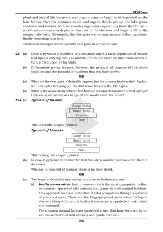 STUDYmate

     plant and animal life burgeons, and organic remains begin to be deposited on the
     lake bottom. Over the centuries as silt and organic debris pile up, the lake grows
     shallower and warmer, with warm-water organisms supplanting those that thrive in
     a cold environment marsh plants take root in the shallows and begin to fill in the
     original lake basin. Eventually, the lake gives way to large masses of floating plants,
     finally converting into land.
     Eichhornia crassipes water hyacinth can grow in entrophic lake.


28. (a)    Draw a ‘pyramid of numbers’ of a situation where a large population of insects
           feed upon a very big tree. The insects in turn, are eaten by small birds which in
           turn are fed upon by big birds.
     (b)   Differentiate giving reasons, between the pyramid of biomass of the above
           situation and the pyramid of numbers that you have drawn.
                                             OR
     (a)   What are the two types of desirable approaches to conserve biodiversity? Explain
           with examples bringing out the difference between the two types.
     (b)   What is the association between the bumble bee and its favourite orchid ophrys?
           How would extinction or change of one would affect the other?
Ans. (a)   Pyramid of Number
                                        Large birds
                                        Small birds
                                          Insects
                                           Tree
           This is spindle shaped pyramid.
           Pyramid of biomass
                                        Large birds
                                        Small birds
                                          Insects
                                           Tree
           This is irregular shaped pyramid.
     (b)   In case of pyramid of number for first two steps number increases but them it
           decreases.
           Whereas in pyramid of biomass there is no clear trend.
                                             OR
     (a)   Two types of desirable approaches to conserve biodiversity are:
           (i)   In-situ conservation: In-situ conservation is the most appropriate method
                 to maintain species of wild animals and plants in their natural habitats.
                 This approach includes protection of total ecosystems through a network
                 of protected areas. These are the biogeographical areas where biological
                 diversity along with natural/cultural resources are protected, maintained
                 and managed.
                 The common natural habitats (protected areas) that have been set for in-
                 situ conservation of wild animals and plants include –
                                             -(15)-
 