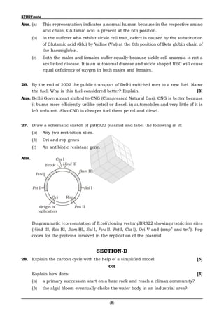 STUDYmate

Ans. (a)       This representation indicates a normal human because in the respective amino
               acid chain, Glutamic acid is present at the 6th position.
       (b)     In the sufferer who exhibit sickle cell trait, defect is caused by the substitution
               of Glutamic acid (Glu) by Valine (Val) at the 6th position of Beta globin chain of
               the haemoglobin.
       (c)     Both the males and females suffer equally because sickle cell anaemia is not a
               sex linked disease. It is an autosomal disease and sickle shaped RBC will cause
               equal deficiency of oxygen in both males and females.


26. By the end of 2002 the public transport of Delhi switched over to a new fuel. Name
       the fuel. Why is this fuel considered better? Explain.                                  [3]
Ans. Delhi Government shifted to CNG (Compressed Natural Gas). CNG is better because
       it burns more efficiently unlike petrol or diesel, in automobiles and very little of it is
       left unburnt. Also CNG is cheaper fuel them petrol and diesel.


27. Draw a schematic sketch of pBR322 plasmid and label the following in it:
       (a)     Any two restriction sites.
       (b)     Ori and rop genes
       (c)     An antibiotic resistant gene.

Ans.                  Cla I
                 Eco R I Hind III
                                    Bam HI
         Pvu I


       Pst I                          Sal I

                     Ori   Rop

              Origin of          Pvu II
             replication


       Diagrammatic representation of E.coli cloning vector pBR322 showing restriction sites
                                                                                 R        R
       (Hind III, Eco RI, Bam HI, Sal I, Pvu II, Pst I, Cla I), Ori V and (amp and tet ). Rop
       codes for the proteins involved in the replication of the plasmid.


                                              SECTION-D
28. Explain the carbon cycle with the help of a simplified model.                              [5]
                                                 OR
       Explain how does:                                                                       [5]
       (a)     a primary succession start on a bare rock and reach a climax community?
       (b)     the algal bloom eventually choke the water body in an industrial area?


                                                 -(8)-
 