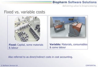 Fixed vs. variable costs




          Fixed: Capital, some materials         Variable: Materials, consumables
          & labour                               & some labour


          Also referred to as direct/indirect costs in cost accounting.


© BioPharm Services Ltd                                                        CONFIDENTIAL
 