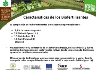 Características de los Biofertilizantes
• La composición de los biofertilizantes o bio-abonos en promedio tiene:
– 8,5 % de materia orgánica
– 2,6 % de nitrógeno ( N )
– 1,5 % de fosforo ( P )
– 1,0 % de Potacio ( K )
– pH de 7,5
• No poseen mal olor, a diferencia de los estiércoles frescos, no atrae moscas y puede
aplicarse directamente en el suelo y en los cultivos donde se recomienda diluirlos en
agua en las cantidades recomendadas.
• El biosol puede deshidratarse y almacenarse para su uso posterior o venta. En este
caso pude haber una perdidas de valoración del 60 % sobre todo del Nitrógeno (N)
 