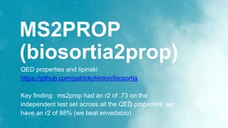 MS2PROP
(biosortia2prop)
QED properties and lipinski
https://github.com/patrickchirdon/biosortia
Key finding: ms2prop had an r2 of .73 on the
independent test set across all the QED properties, we
have an r2 of 88% (we beat envedabio)
 