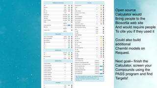 Open source
Calculator would
Bring people to the
Biosortia web site
And would require people
To cite you if they used it
Could also build
additional
Chembl models on
Request.
Next goal-- finish the
Calculator, screen your
Compounds using the
PASS program and find
Targets!
 