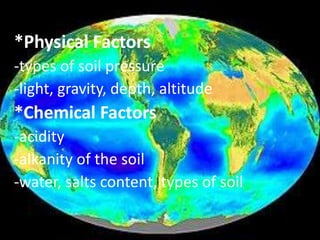 *Physical Factors
-types of soil pressure
-light, gravity, depth, altitude
*Chemical Factors
-acidity
-alkanity of the soil
-water, salts content, types of soil
 