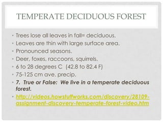 TEMPERATE DECIDUOUS FOREST

• Trees lose all leaves in fall= deciduous.
• Leaves are thin with large surface area.
• Pronounced seasons.
• Deer, foxes, raccoons, squirrels.
• 6 to 28 degrees C (42.8 to 82.4 F)
• 75-125 cm ave. precip.
• 7. True or False: We live in a temperate deciduous
  forest.
• http://videos.howstuffworks.com/discovery/28109-
  assignment-discovery-temperate-forest-video.htm
 