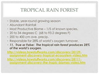 TROPICAL RAIN FOREST

• Stable, year-round growing season
• Abundant Rainfall
• Most Productive Biome – 1/5 of known species.
• 20 to 34 degrees C (68 to 93.2 degrees F)
• 200 to 400 cm ave. precip.
• Responsible for 28% of world’s oxygen turnover.
• 11. True or False: The tropical rain forest produces 28%
  of the world’s oxygen.
http://videos.howstuffworks.com/discovery/30139-
  assignment-discovery-tropical-ecosystem-video.htm
http://videos.howstuffworks.com/discovery/28111-
  assignment-discovery-the-tropic-biomes-video.htm
 