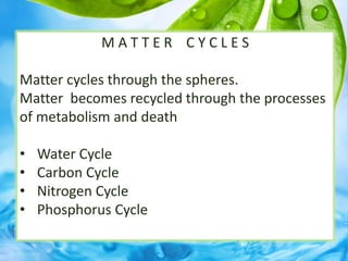 M A T T E R C Y C L E S
Matter cycles through the spheres.
Matter becomes recycled through the processes
of metabolism and death
• Water Cycle
• Carbon Cycle
• Nitrogen Cycle
• Phosphorus Cycle
 