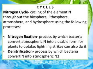 C Y C L E S
Nitrogen Cycle- cycling of the element N
throughout the biosphere, lithosphere,
atmosphere, and hydrosphere using the following
processes:
• Nitrogen fixation- process by which bacteria
convert atmospheric N into a usable form for
plants to uptake; lightning strikes can also do it
• Denitrification- process by which bacteria
convert N into atmospheric N2
32
 