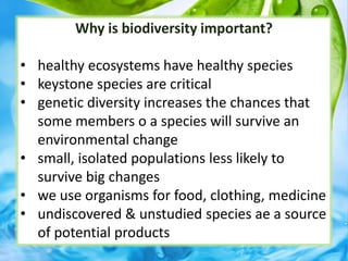 Why is biodiversity important?
• healthy ecosystems have healthy species
• keystone species are critical
• genetic diversity increases the chances that
some members o a species will survive an
environmental change
• small, isolated populations less likely to
survive big changes
• we use organisms for food, clothing, medicine
• undiscovered & unstudied species ae a source
of potential products
 