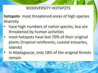 BIODIVERSITY HOTSPOTS
hotspots- most threatened areas of high species
diversity
• have high numbers of native species, but are
threatened by human activities
• most hotspots have lost 70% of their original
plants (tropical rainforests, coastal estuaries,
islands)
• In Madagascar, only 18% of the original forests
remain
 