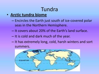 Tundra
• Arctic tundra biome
  – Encircles the Earth just south of ice-covered polar
    seas in the Northern Hemisphere.
  – It covers about 20% of the Earth’s land surface.
  – It is cold and dark much of the year.
  – It has extremely long, cold, harsh winters and sort
    summers.
 