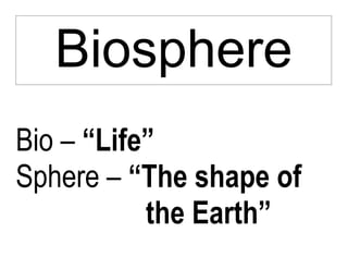 Bio – “Life”
Sphere – “The shape of
the Earth”
Biosphere
 