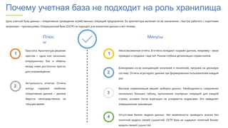 1
2
3
Несогласованные отчеты. В отчеты попадают «сырые» данные, например – заказ
проведен а продажа – еще нет. Разная глубина детализации справочников
Блокировки из-за конкуренций читателей и писателей, нагрузка на дисковую
систему. Отчеты агрегируют данные при формировании пользователем каждый
раз
Высокая нормализация мешает выборки данных. Необходимость соединения
нескольких больших таблиц, выполнения скалярных операций для каждой
строки, условия после агрегации не ускоряются индексами. Это замедляет
операционные транзакции
1
2
Простота. Архитектура решения
простая – одна или несколько
операционных баз и обмены
между ними достаточно просты
для сопровождения
Актуальность отчетов. Отчеты
всегда содержат наиболее
оперативные данные – данные
берутся непосредственно на
текущее время
Почему учетная база не подходит на роль хранилища
Плюс
ы
Минусы
Цель учетной базы данных – оперативное проведение хозяйственных операций предприятия. Ее архитектура вытекает из ее назначения – быстро работать с короткими
запросами – транзакциями. Операционные базы (OLTP) не подходят для аналитики данных и вот почему:
4
Отсутствие бизнес модели данных. Нет возможности проводить анализ без
понятной модели связей сущностей. OLTP база не содержит понятной бизнес
модели связей сущностей
 