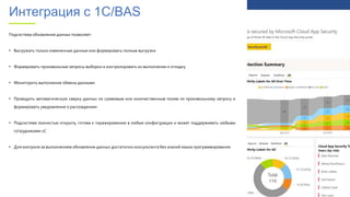 Интеграция с 1С/BAS
Подсистема обновления данных позволяет:
• Выгружать только измененные данные или формировать полные выгрузки
• Формировать произвольные запросы выборки и контролировать их выполнение и отладку
• Мониторить выполнение обмена данными
• Проводить автоматическую сверку данных по суммовым или количественным полям по произвольному запросу и
формировать уведомление о расхождениях
• Подсистема полностью открыта, готова к тиражированию в любые конфигурации и может поддерживать любыми
сотрудниками 1С
• Для контроля за выполнением обновления данных достаточно консультанта без знаний языка программирования
 