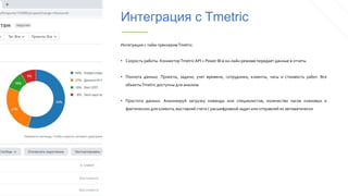 Интеграция с Tmetric
Интеграция с тайм-треккеромTmetric:
• Скорость работы. КоннекторTmetricAPI + Power BI в он-лайн режиме передает данные в отчеты
• Полнота данных. Проекты, задачи, учет времени, сотрудники, клиенты, часы и стоимость работ. Все
объектыTmetric доступны для анализа
• Простота данных. Анализируй загрузку команды или специалистов, количество часов плановых и
фактических для клиента, выставляй счета с расшифровкой задач или отправляй их автоматически
 