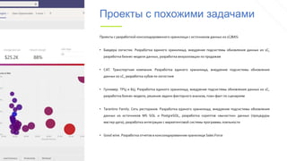 Проекты с похожими задачами
Проекты с разработкой консолидированного хранилища с источником данных из 1С/BAS:
• Баядера логистик. Разработка единого хранилища, внедрение подсистемы обновления данных из 1С,
разработка бизнес-модели данных, разработка визуализации по продажам
• САТ. Транспортная компания. Разработка единого хранилища, внедрение подсистемы обновления
данных из 1С, разработка кубов по логистике
• Гулливер. ТРЦ и БЦ. Разработка единого хранилища, внедрение подсистемы обновления данных из 1С,
разработка бизнес-модели, решение задачи факторного анализа, план-факт по сценариям
• Tarantino Family. Сеть ресторанов. Разработка единого хранилища, внедрение подсистемы обновления
данных из источников MS SQL и PostgreSQL, разработка скриптов «вычистки» данных (процедуры
мастер-дата), разработка интеграции с маркетинговой системы программы лояльности
• Good wine. Разработка отчетов в консолидированном хранилище Sales Force
 