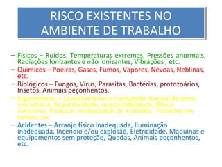 RISCO EXISTENTES NO
RISCO EXISTENTES NO
AMBIENTE DE TRABALHO
AMBIENTE DE TRABALHO
– Físicos – Ruídos, Temperaturas extremas, Pressões anormais,
Radiações Ionizantes e não ionizantes, Vibrações , etc.
– Químicos – Poeiras, Gases, Fumos, Vapores, Névoas, Neblinas,
etc. .
– Biológicos – Fungos, Vírus, Parasitas, Bactérias, protozoários,
Insetos, Animais peçonhentos.
– Ergonômicos – Levantamento e transporte manual de peso,
monotonia, Repetitividade, responsabilidade, Ritmo
excessivo, Posturas inadequadas de trabalho, Trabalho em
turnos, etc
– Acidentes – Arranjo físico inadequada, Iluminação
inadequada, Incêndio e/ou explosão, Eletricidade, Maquinas e
equipamentos sem proteção, Quedas, Animais peçonhentos,
etc.

 