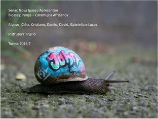 Senac Nova Iguaçu Apresentou 
Biossegurança – Caramujos Africanos 
Alunos: Cléia, Cristiano, Danilo, David, Gabriella e Lucas 
Instrutora: Ingrid 
Turma 2014.7 
