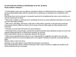 Se você ainda tiver dúvidas na identificação, vá ao site do Ibama. 
Como recolher o molusco ? 
* A orientação é para que os próprios moradores façam o recolhimento dos moluscos e, munidos 
de luvas descartáveis para não ter contato com o caramujo, os coloquem em recipientes com 
tampa. 
Para exterminar este caramujo, é necessário queimá-lo completamente, pois, caso contrário, os 
vermes continuam no local. 
* Manuseie e colete o caramujo com a proteção de luvas ou sacos plásticos (verifique se o saco e 
as luvas não estão furados). 
* Não coma, não beba, não fume e não leve a mão à boca, durante o manuseio do caramujo. 
Caso queira comer, beber ou fumar, tire as luvas e lave as mãos após ter tido contato com o 
caramujo. 
* Coloque os caramujos africanos em sacos plásticos. 
* Para exterminar os caramujos, mantenha-os dentro de dois sacos plásticos e pise em cima com 
calçado adequado (tênis ou botas) para quebrar as conchas. 
Outra alternativa e ferver os caramujos durante 50 minutos. 
* Após esses procedimentos enterre-os em valas de 80 cm, jogando cal virgem em cima dos 
caramujos mortos nos sacos (cuidado, pois a cal virgem é cáustica e queima, causando danos à 
pele). 
Depois cubra a vala com terra. 
Atenção: essas valas devem estar distantes de poços ou cisternas. 
Caso tenha dúvidas sobre o melhor local para cavar a vala, consulte os órgãos de saúde ou de 
meio ambiente de seu município. 
 