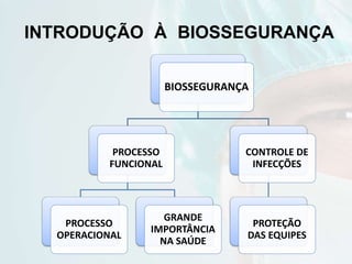 INTRODUÇÃO À BIOSSEGURANÇA
BIOSSEGURANÇA
PROCESSO
FUNCIONAL
PROCESSO
OPERACIONAL
GRANDE
IMPORTÂNCIA
NA SAÚDE
CONTROLE DE
INFECÇÕES
PROTEÇÃO
DAS EQUIPES
 