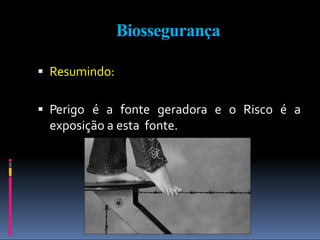 Biossegurança
 Resumindo:
 Perigo é a fonte geradora e o Risco é a
exposição a esta fonte.
 
