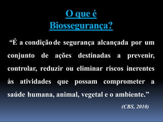 O que é
Biossegurança?
“É a condiçãode segurança alcançada por um
conjunto de ações destinadas a prevenir,
controlar, reduzir ou eliminar riscos inerentes
às atividades que possam comprometer a
saúde humana, animal, vegetal e o ambiente.”
(CBS, 2010)
 