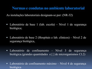 Normas e condutas no ambiente laboratorial
As instalações laboratoriais designam-se por: (NR-32)
 Laboratório de base 1 (lab. escola) – Nível 1 de segurança
biológica;
 Laboratório de base 2 (Hospitais e lab. clínicos) – Nível 2 de
segurança biológica,
 Laboratório de confinamento – Nível 3 de segurança
biológica.(grandes quantidades e [ ] de microrganismos Cl.2)
 Laboratório de confinamento máximo – Nível 4 de segurança
biológica
 