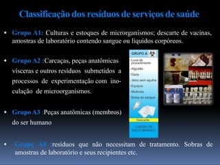 Classificação dos resíduosde serviçosde saúde
 Grupo A1: Culturas e estoques de microrganismos; descarte de vacinas,
amostras de laboratório contendo sangue ou líquidos corpóreos.
 Grupo A2 :Carcaças, peças anatômicas
vísceras e outros resíduos submetidos a
processos de experimentação com ino-
culação de microorganismos.
 GrupoA3 :Peças anatômicas (membros)
do ser humano
 Grupo A4 :resíduos que não necessitam de tratamento. Sobras de
amostras de laboratório e seus recipientes etc.
 