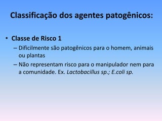Classificação dos agentes patogênicos:
• Classe de Risco 1
– Dificilmente são patogênicos para o homem, animais
ou plantas
– Não representam risco para o manipulador nem para
a comunidade. Ex. Lactobacillus sp.; E.coli sp.
 