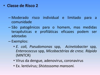 • Classe de Risco 2
– Moderado risco individual e limitado para a
comunidade
– São patogênicos para o homem, mas medidas
terapêuticas e profiláticas eficazes podem ser
adotadas
– Exemplos:
• E. coli, Pseudomonas spp, Acinetobacter spp,
Enterococcus spp, Micobactérias de cresc. Rápido
(MNTCR)
• Vírus da dengue, adenovirus, coronavirus
• Ex. lentivírus; Shistossoma mansoni.
 
